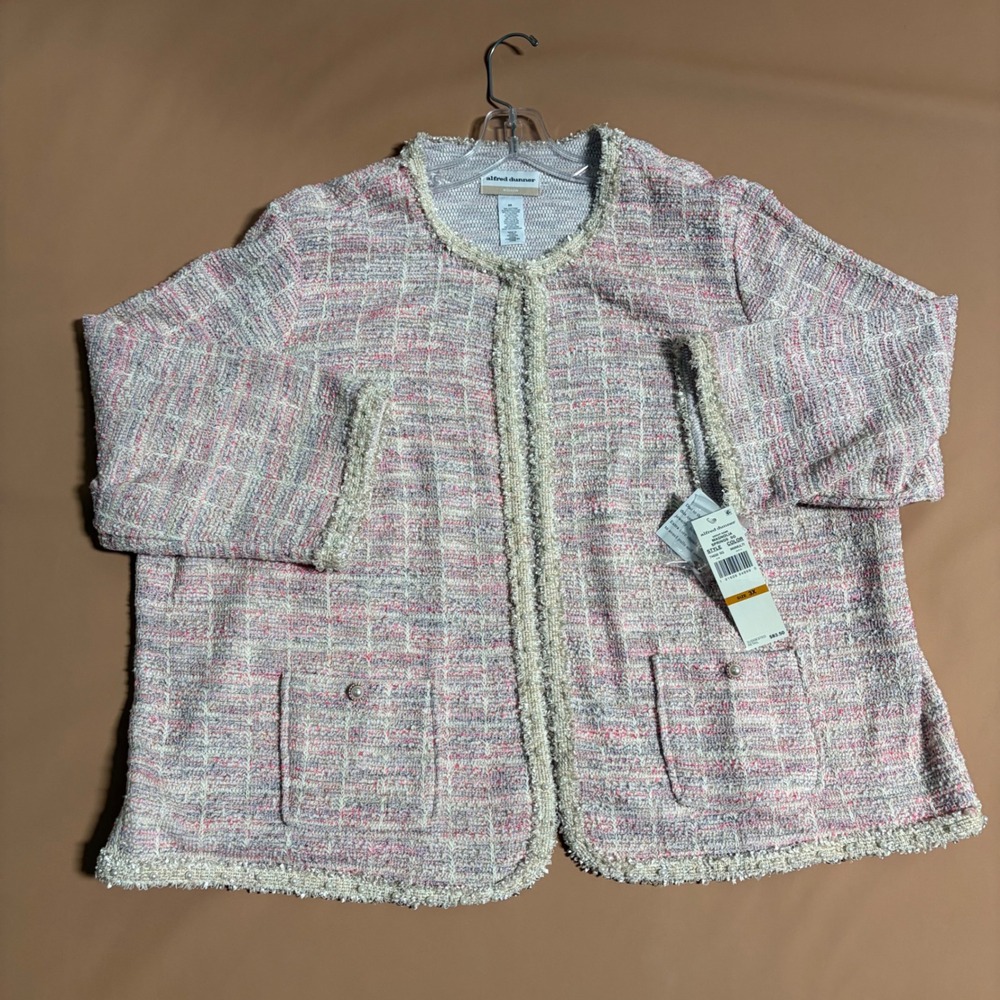Alfred Dunner Woman 3X Magnolia Springs Pink Tweed Pearl Trim Cardigan Jacket